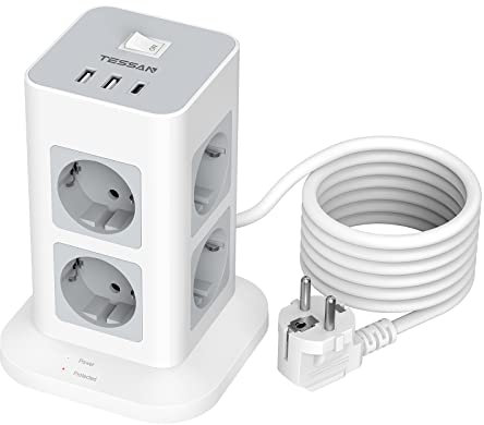 Mehrfachsteckdose Überspannungsschutz 3600W 16A, TESSAN 8 Fach Steckdosenleiste USB C Mehrfachstecker, Steckerleiste mit 2M Verlängerungskabel, Steckdosenturm Verteilersteckdose für Zuhause, Grau