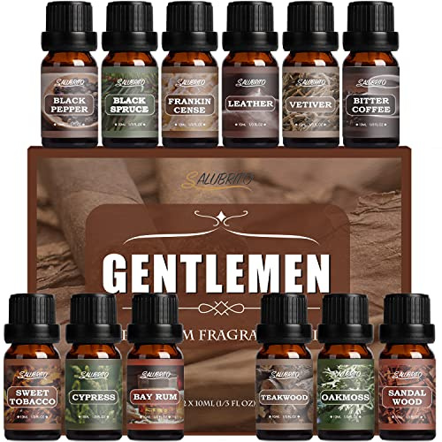 SALUBRITO Essential Oils Set for Men, Fragrance Oil Set for Diffuser and Home, Woody Aromatherapy Oil 12 x 10 ml, Vetiver, Frankincense, Sandalwood, Cypress Essential Oil and More