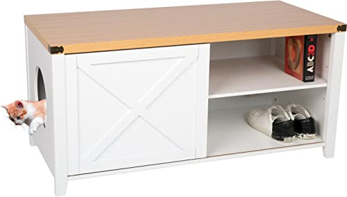 needs&wants® Stort kattskåp för kattlåda XXL av trä med skoskåp, sittbyrå, kattlåda-skåp, byrå, design katthus, toalett, 110 x 50 x 53 cm, vitbrun