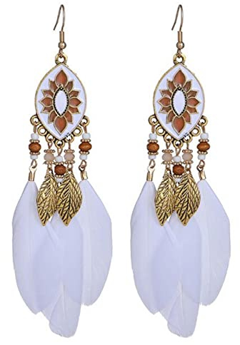 Boucles D'oreilles Bohème Vintage Longues Plumes Blanches Pour Femmes Tempérament Ethnique Couleur Or Chaîne Gland Boucles D'oreilles Boho Bijoux De Mariage