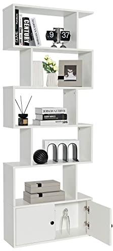 SFAREST 5/6-Tier Bookcase, Wooden S-Shaped Storage Bookshelf, Freestanding Shelving Display Organizer Unit for Living Room, Study and Office (With Cabinet, White)