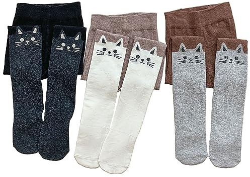 Silkglory 3 Pièces Collants Bébé Fille Avec Décoration Mignonne de Chaton Bicolore,Leggings Fille Bas en Coton Nouveau-né Tout-petit Gris/Noir/Blanc 3-5 Ans
