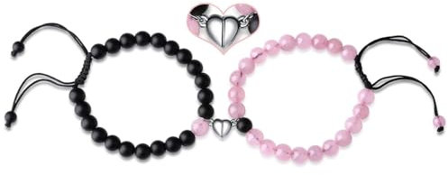 XIANNVXI Partnerarmbänder Pärchen Armband Perlen Partner Armbänder Kristalle Geschenke für Frauen Männer Herz Matching Bracelets Einstellbar Geflochtene Schnur（Lava Rock & Rosenquarz）