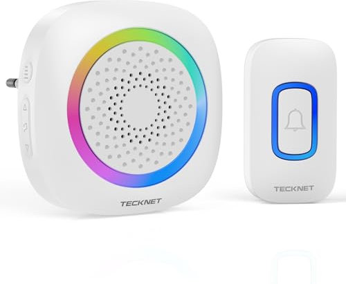 TECKNET Funkklingel, 400M Funk Reichweite Türklingel Set mit RGB Licht, IP66 Aussen Wasserdicht Haustür Klingel mit Plug-in Empfänger, 60 Klingeltönen, 5 Lautstärke Stufen und LED-Blinken