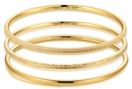 Kainier 3mm 14K Gold Plated Bangle Bracelets 3mm Elegant Thin Round Bangles for Women Stackable Solid Bracelets Sets Ideal Gift for Love (Gold B, 8.0 Inches)