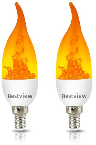 Bestview LED Flame Effect Light Bulbs,3 Modes Flickering Light Bulbs, Smart E12 Chandelier Base Candle Fire Light Bulb for Halloween, Christmas,Party, Porch, Indoor&Outdoor Home Decoration -2 Pack