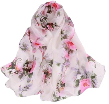 Ailan Foulard en Soie pour Femmes et élégance combinés avec Confort Mode été Femmes imprimé Fleuri écharpe Foulards d'été, Blanc Rose