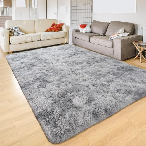 Tinyboy-hbq Teppiche Flausching Wohnzimmer Teppiche Shaggy Teppich Schlafzimmer Teppich Waschbarer WeicheTeppiche Bequeme ​für Wohnkultur (Grau Weiß, 200 x 200 cm)