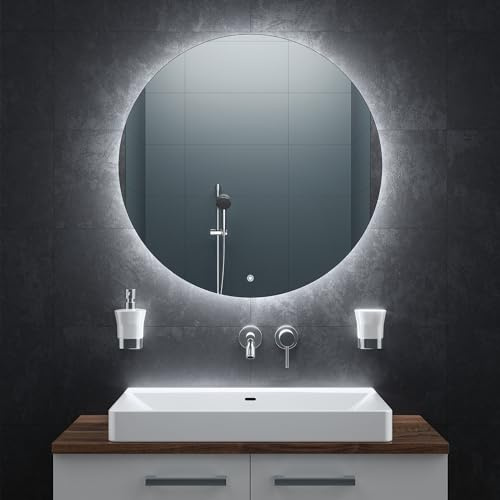 BR Bringer® LED Badspiegel Rund 80 cm Modell BRRS201 dimmbar Anti-Beschlag | Dimmbarer Badezimmerspiegel mit Beleuchtung - 3 Lichtfarben, Touch-Schalter, Anti-Beschlag und praktische Speicherfunktion