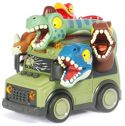 DINOBROS School Bus Toy with Light and Sound, Dinosaurs Friction Powered Car Bus Toys for Kids Crazy Dino