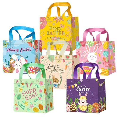 Geschenktüten Ostern, 6 Stück Wiederverwendbare Ostertüten mit Henkel, Oster-Tragetaschen aus Vliesstoff mit Griffen, Ideal als Ostergeschenktüten & Ostereiersuche Beutel, Stoff-Ostertüte