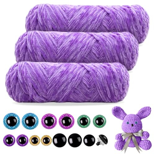 Mngevcy 3 x 150 m Chenille Wolle zum Häkeln, Flauschige Wolle, Weiche Chenille Garn mit Sicherheitsaugen für Stricken (Lila)