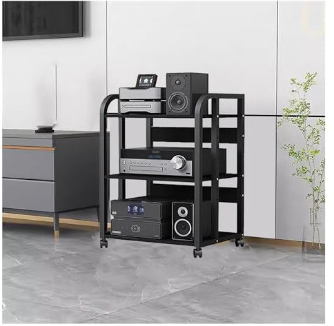 hifi rack Audio-Rack-Schubladenteiler auf Rollen – Medienregal aus Metall mit höhenverstellbarer Halterung – schwarzes Eck-Unterhaltungsregal, Aufbewahrungsständer für Schlafzimmer(No drawers 3 Tier-H