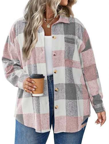 IN'VOLAND Damen-Shacket in Übergröße, kariert, langärmelig, Knopfleiste, Flanellhemden, Freizeitjacke, Mäntel, Grau/Pink, 52 Plus