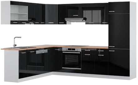 Vicco Eckküche R-Line, Schwarz Hochglanz/Weiß, 287 x 227 cm, AP Eiche, mit modularen Elementen flexibel erweiterbar