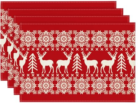 Artoid Mode Red Reindeers Christmas Placemats Set of 4, 30 x 45cm Seasonal Winter Merry Xmas Holiday Vintage Washable Table Mats