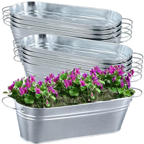 ZOENHOU 10 PCS Metal Oval Trough Planter, Galvanized Flower Pots, Metal Planters with Hole and Handles, Galvanized Flower Buckets for Outdoor Plant Pots