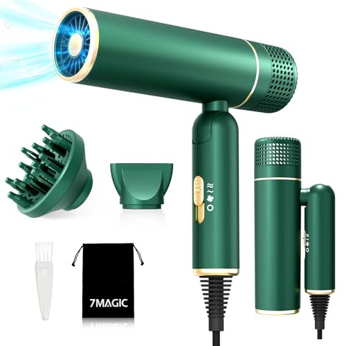 7MAGIC Travel Ionic Hair Dryer, Lightweight Foldable Blow Dryer with Diffuser for Curly Hair & Constant Temperature Care, Anti-Hair Suction Technology Hairdryers for Women, Green