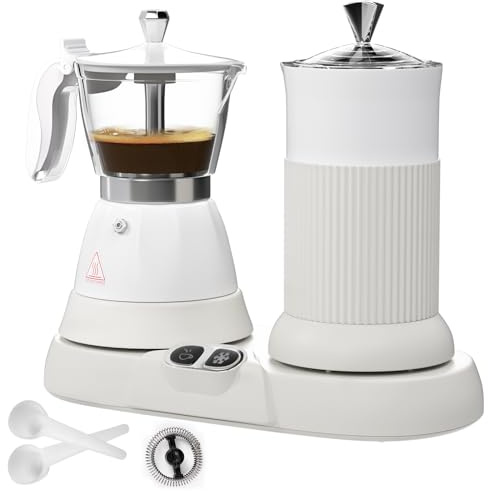 Vaolvpant Electric Espresso Machine with Milk Frother 2 in 1 Efficient Moka Pot Coffee Maker with Milkfroth Aluminum One-Touch Operation for Effortless Cappuccinos Lattes Macchiatos White
