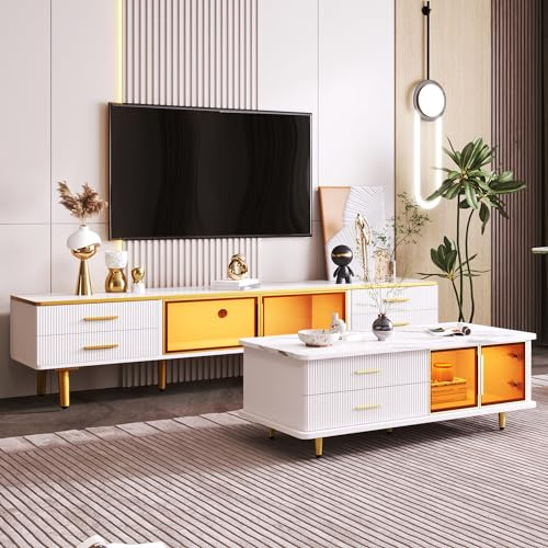 Azkoeesy Modernes Wohnzimmermöbel-Set, Couchtisch & TV-Schrank, mit Glastür, goldenen Metallbeinen und -Griffen, Tischplatte mit Marmormuster (2, 2er /Set)