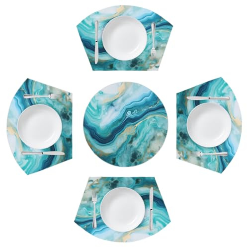 Mexpekil Teal Turquoise Liquid Marble Print Placemats Set of 4 for Round Table Wedge Place Mats with Centerpiece Heat Resistant Washable Plate Mats for Kitchen (5 Pcs)