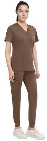 Anwrtuk Scrubs för kvinnor set, medicinsk uniform stretch v-ringad krage skrubb topp och joggingbyxor med midjeband, flera fickor, Kaffebrunt, L