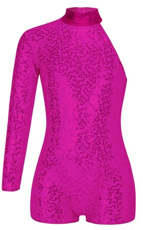 Miaeowve Traje de ballet para niños y niñas, cuello alto, body de baile, manga única, maillot de baile, lentejuelas, con piernas, traje de danza, color rosa, 146-152