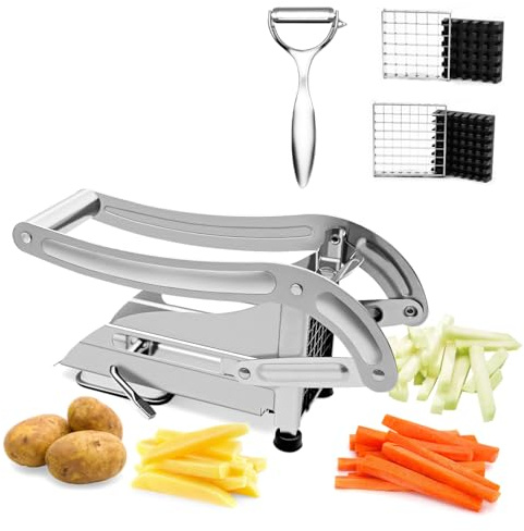 HALNKSZDDD Pommes Frites-Schneider, Edelstahl-Kartoffelschneider mit Anti-Rutsch, Gemüseschneider, 2 Edelstahlklingen und 2 Schälern