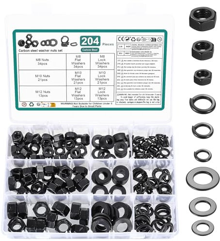 Set di 204 dadi esagonali M8 M10 M12 e rondelle piatte, set di rondelle di sicurezza e anelli a molla, 68 rondelle a molla, 68 dadi autobloccanti per viti