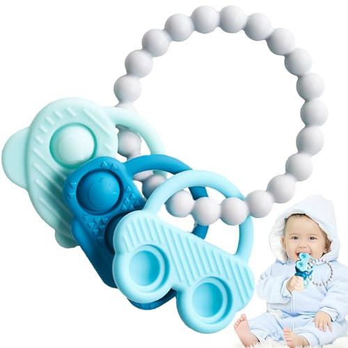 Baby-Beißring,BPA-frei Weiche Textur Silikon-Beißringe Beissring,Sensorik-Spielzeug, Zahnungshilfe Spielzeug für, Babys Autowal-Beißspielzeug, Neugeborenen-Baby-Essentials für 3-18 Monate (Blau)