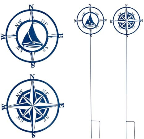 levandeo 2er Set Gartenstecker H118cm Kompassrose Blau Metall Garten-Deko Windrose Stele Beetstecker Maritim