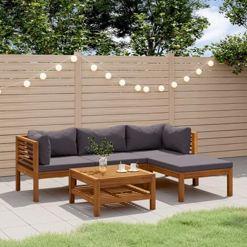 IKAYAA Lounge Set Holz, Ecklounge Outdoor, Gartenmöbel Set mit Kissen, Terrassenmöbel außen, Balkon Lounge Dunkelgrau, Loungemöbel Set für Balkon, Garten, 5-TLG Type 5