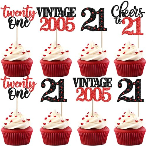 Xsstarmi 24 Pack 21st Birthday Cupcake Toppers Red Glitter 21 Hello Twenty One Vintage 2005 Cupcake Picks Cheers to 21 Birthday Cake Decorations for 21 Fabulous Happy 21st Birrthday Party Supplies