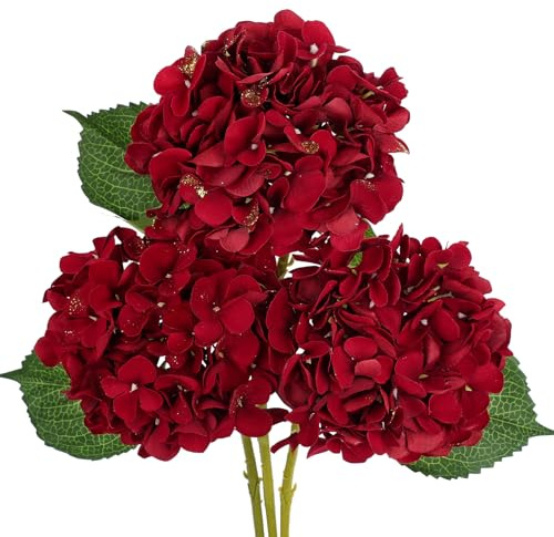 Oairse Set of 3 Artificial Red Hydrangea Flowers, 45cm Faux Hydrangea Stems with Realistic Flower Heads, Silk Fake Flowers for Vase, Christmas Floral Arrangement, Home Wedding Party Decor