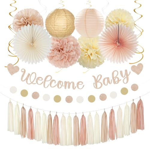 Champagne-Gold Beige Fall Baby-Shower Party-Decorations - 36pcs Welcome Home Banner Sign,Neutral Paper Lanterns,Girl Streamers Garland,Boho Hanging Tissue Pom Poms Flowers Fans Backdrop Decor Burgleda