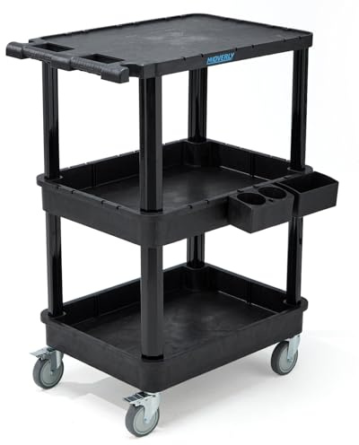 MOVERLY 3-stufiger Rollwagen mit Flacher Ablage & tiefen Regalen, 70 x 46,4 cm, Kunststoff-Mehrzweckwagen mit 10 cm Rollen, 150 kg Tragkraft – für Büro, Werkstatt, Lager geeignet