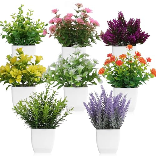 Duscdesp Artificial Plants Flowers Outdoor Indoor 8 in 1,Fake Plants Flowers with Rosemary Eucalyptus Plant,Artificial Plant Flower in Vase Pots for Home living Room Window Sill Decoration