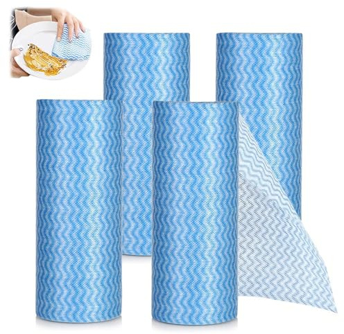 Kokoie Disposable Cloth Roll, 4 Roll Cleaning Cloth Roll, Soft and Quick-Drying Cloths On a Rolls for Kitchen Canteen Bathrooms All Purpose Cleaning Cloths Blue, 40 Pcs Per (19.5 * 25cm)