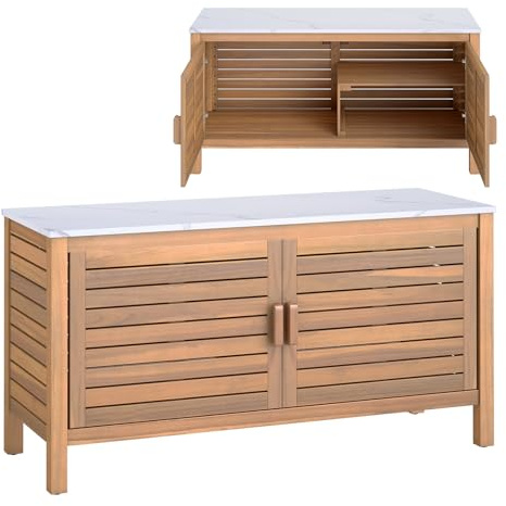 KOMFOTTEU Gartenbox aus Akazienholz, Aufbewahrungstruhe mit Doppeltüren und Kunstmarmorplatte, langlebige Auflagenbox mit verstellbaren Füßen, Aufbewahrungsbehälter für Garten, Hof