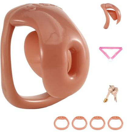 Chastity Cage Man Sex Toys Cage de Chasteté Inversée avec Ceinture et 4 Anneaux Différents Cage Chastetée Légère en Résine avec Petit Cadenas pour Attacher le Pénis des Hommes (Skin)