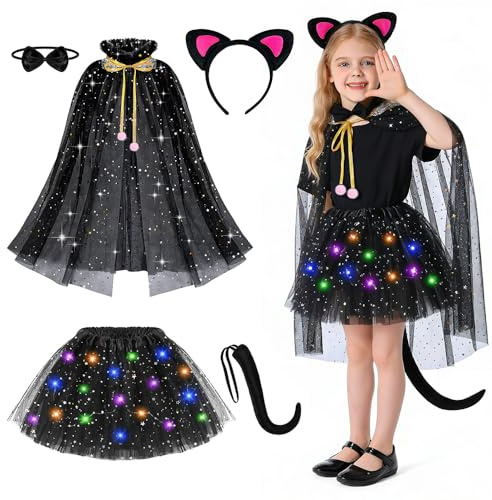 Nzkeuf Lot de 5 Costume Chat Noir Filles, Costume Chat pour Enfants avec Cape, Jupe Tutu, Nœud Papillon, Oreilles de Chat et Queue de Chat, Costume D'animal, Carnival Cosplay Costume pour Enfant