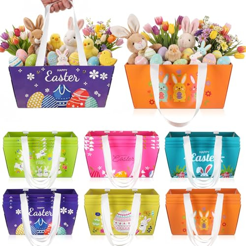 Glenmal 24 Pcs Easter Gift Basket Easter Paper Treat Boxe with Handles Cute Bunny Egg Candy Cookies Boxes Waterproof Reusable Gift Bags for Holiday Party Favors Supplies Decoration (Lively)