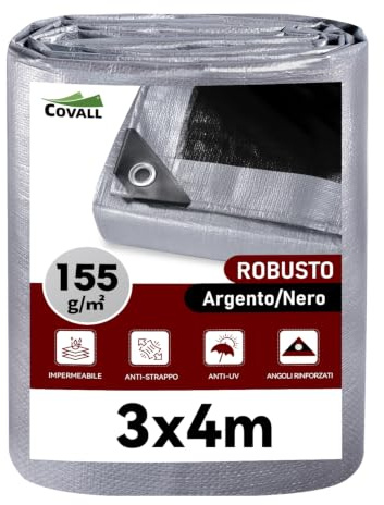 COVALL Telone Impermeabile Esterno 3x4m 155 gr/mq, HDPE Rinforzato Occhiellato Anti-UV – Telo Copritutto Antipioggia Antivento per Giardino Campeggio, Argento Nero