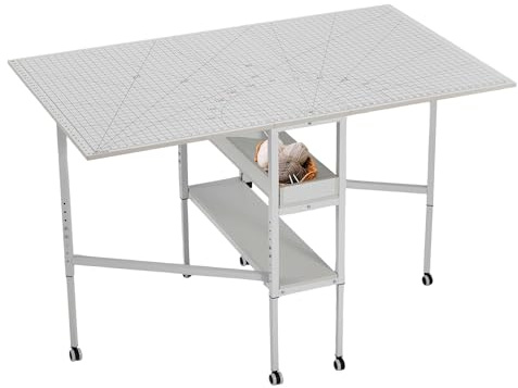 ESLOHNT Nähtisch Klappbar,Verstellbare Höhe,Holz Klapptisch mit Rädern und Stauraum,Mobiler Zuschneidetisch mit Messraster für große Stoffe,für Nähzimmer Arbeitszimmer Schlafzimmer zu Hause,Weiß