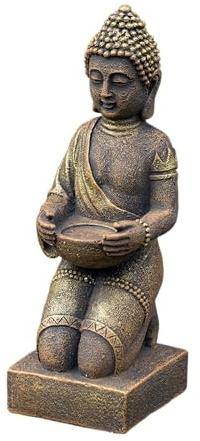 gartendekoparadies.de Buddha-Statue auf einem Podest, Steinfigur, H. 43 cm, 9 kg, aus Steinguss frostsicher für Außenbereich (Gold)