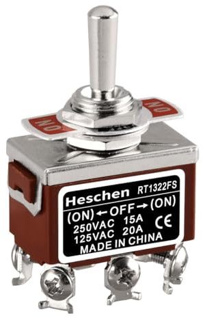 Heschen Metal Toggle Switch, RT1322FS, DPDT, Momentary (ON)/OFF/(ON), 3 position, 15A 250VAC, CE