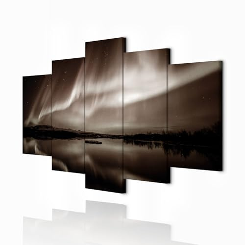 decomonkey Wandbilder Polarlicht 200x100 cm 5 Teilig Leinwandbilder schwarz | Bild auf Leinwand, Kunstdruck, Wanddeko, Wohnzimmer, Wanddekoration, Landschaft, Nordlicht, braun