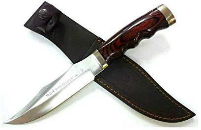 Muela cuchillo de caza Búfalo BUFALO-17R con hoja de acero inoxdable ACX-380 de 17 cm y madera prensada coral de 12 cm para Caza, Pesca, Supervivencia y Bushcraft + Portabotellas de regalo
