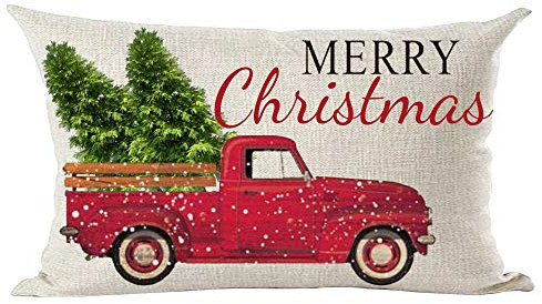 ramirar Retro Red Pickup Truck Merry Christmas Trees Snowflakes New Year Winter Decorative Lumbar Throw Pillow Cover Case Cushion Home Living Room Bed Sofa Car Cotton Linen Rectangular 12 x 20 Inches