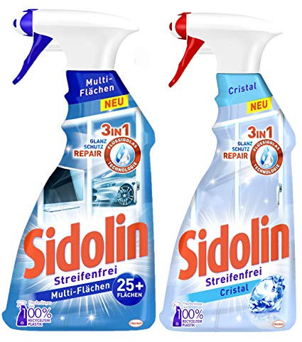 Sidolin Reinigung Sprühflaschen Set (1x 500 ml) Cristal Glasreiniger & (1x 500 ml) Multi Flächen Reiniger